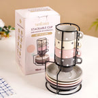 Ceramic Polka Dot Stackable Tea Cup And Saucer Set Of 4 90ml