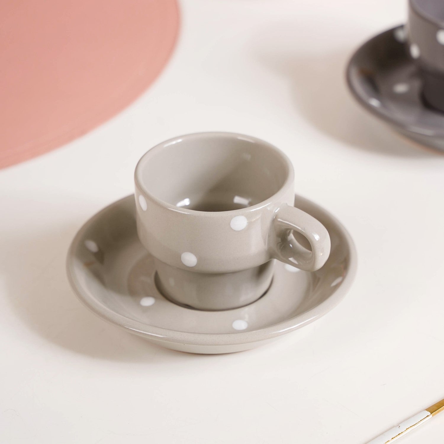 Ceramic Polka Dot Stackable Tea Cup And Saucer Set Of 4 90ml