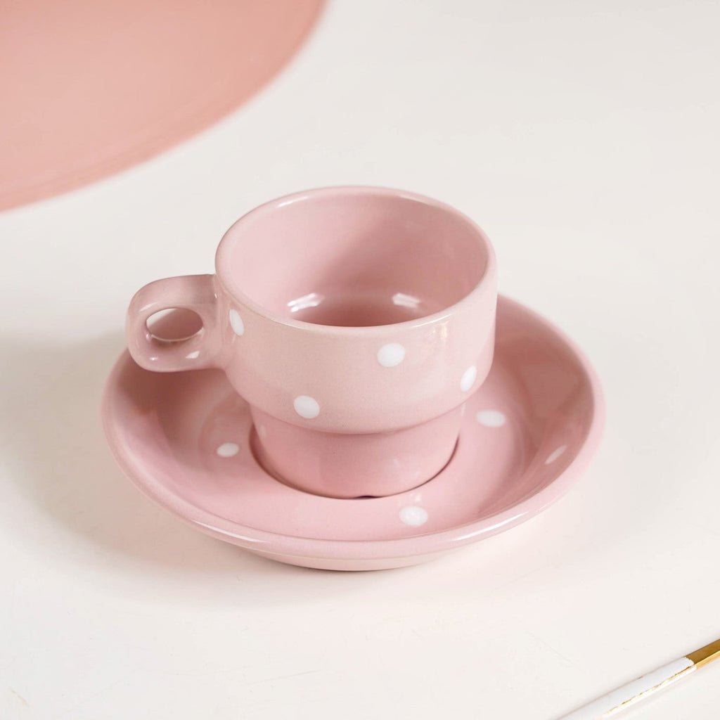 Ceramic Polka Dot Stackable Tea Cup And Saucer Set Of 4 90ml