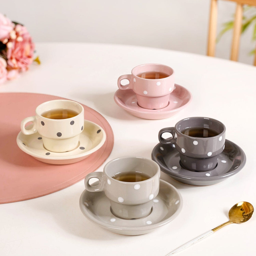 Ceramic Polka Dot Stackable Tea Cup And Saucer Set Of 4 90ml