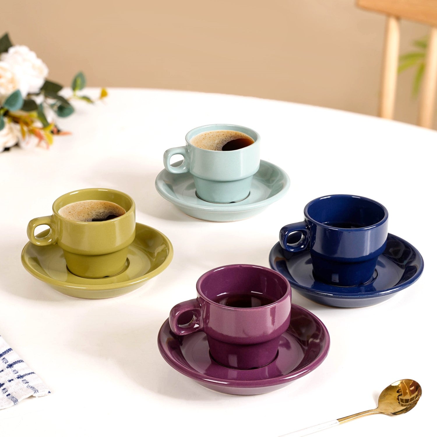 Mini Stackable Tea Cup And Saucer Set Of 4 Multicolour 90ml
