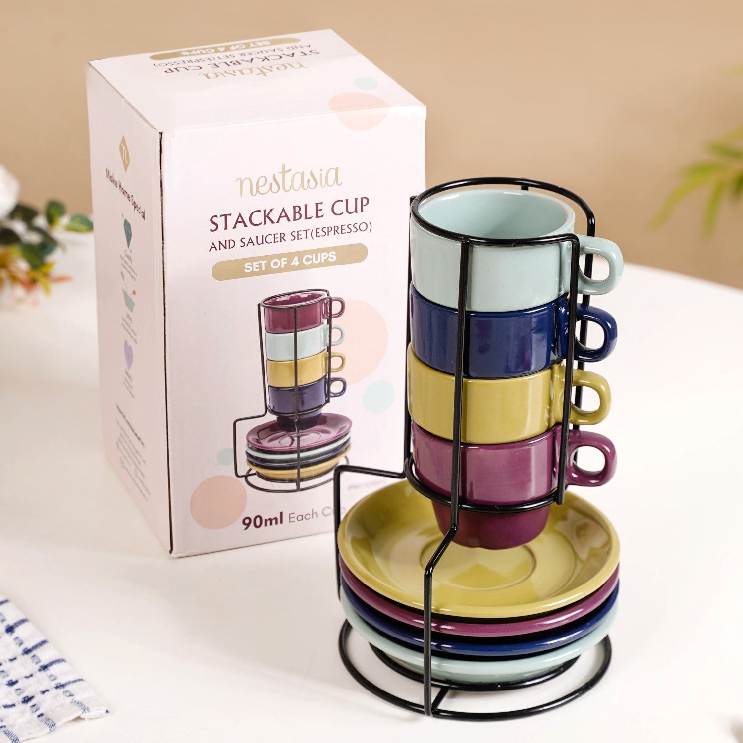 Mini Stackable Tea Cup And Saucer Set Of 4 Multicolour 90ml