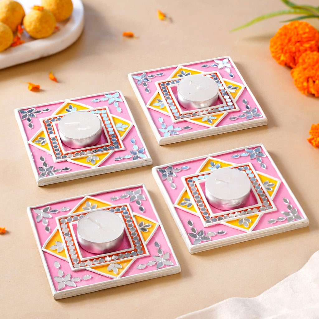 Handcrafted Mirror Work Lippan Art Tealight Candle Holder Set Of 4