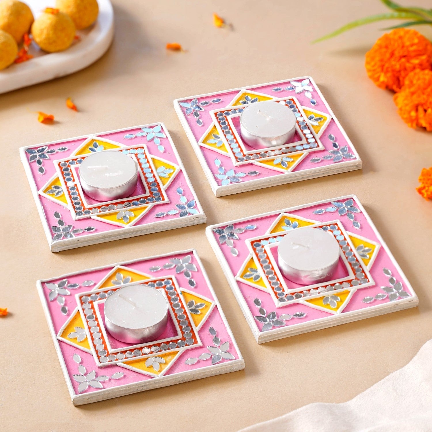 Handcrafted Mirror Work Lippan Art Tealight Candle Holder Set Of 4