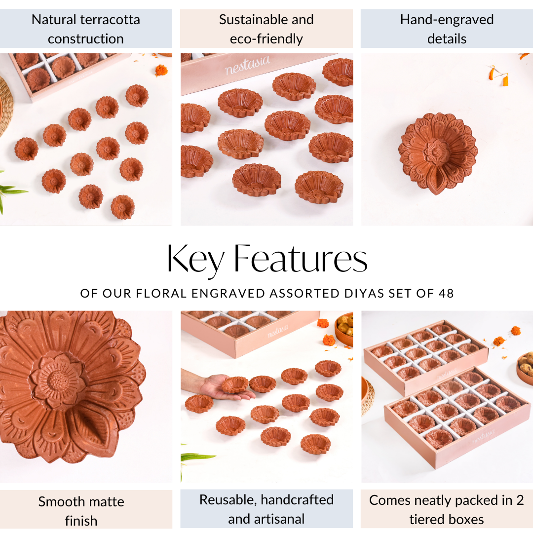 Floral Engraved Assorted Diyas Set Of 48