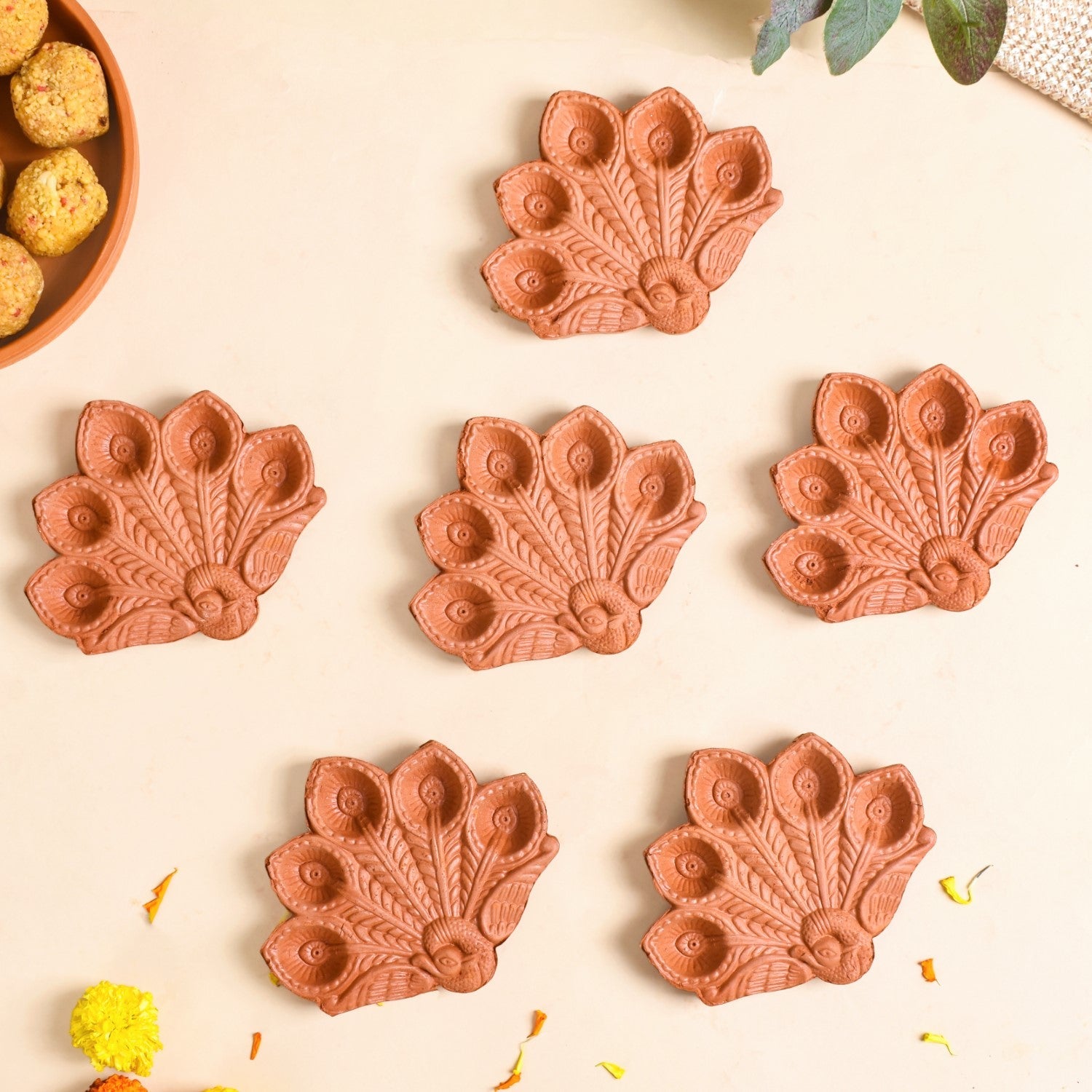 Peacock Feather Engraved Terracotta Diyas Set Of 24