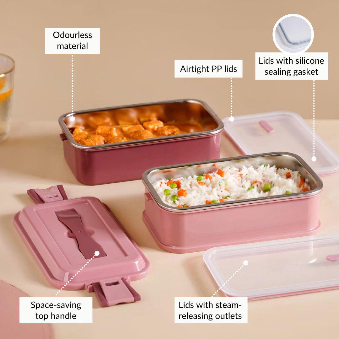 Insulated Bento Lunch Box Double Decker Pink 1400ml