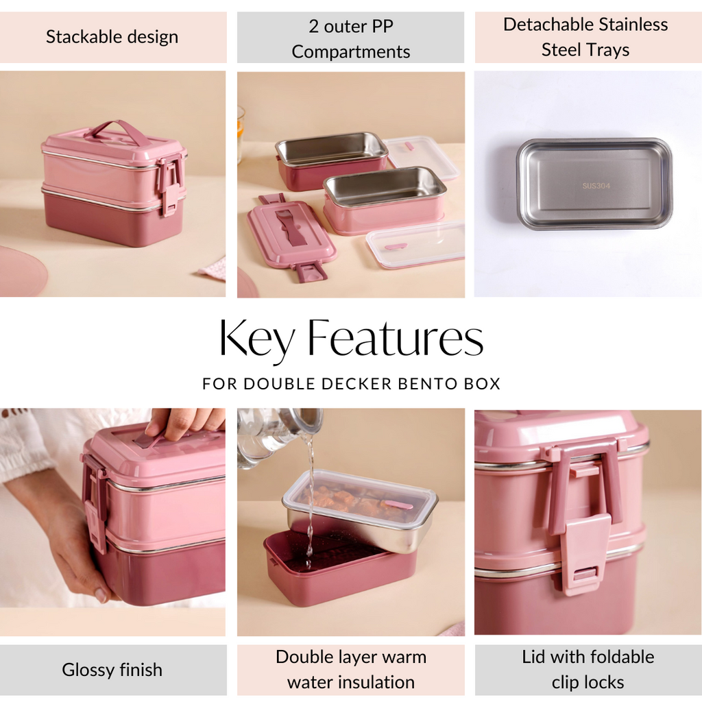 Insulated Bento Lunch Box Double Decker Pink 1400ml