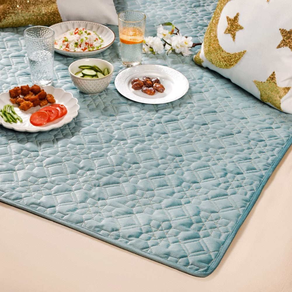 Quilted Aqua Blue Table Cover With Silver Threadwork