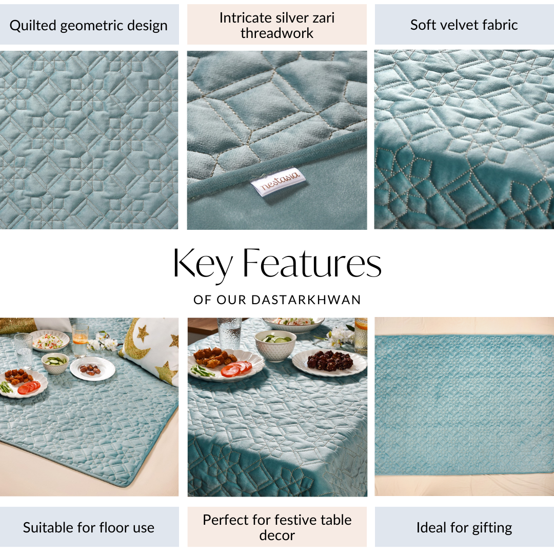 Quilted Aqua Blue Table Cover With Silver Threadwork