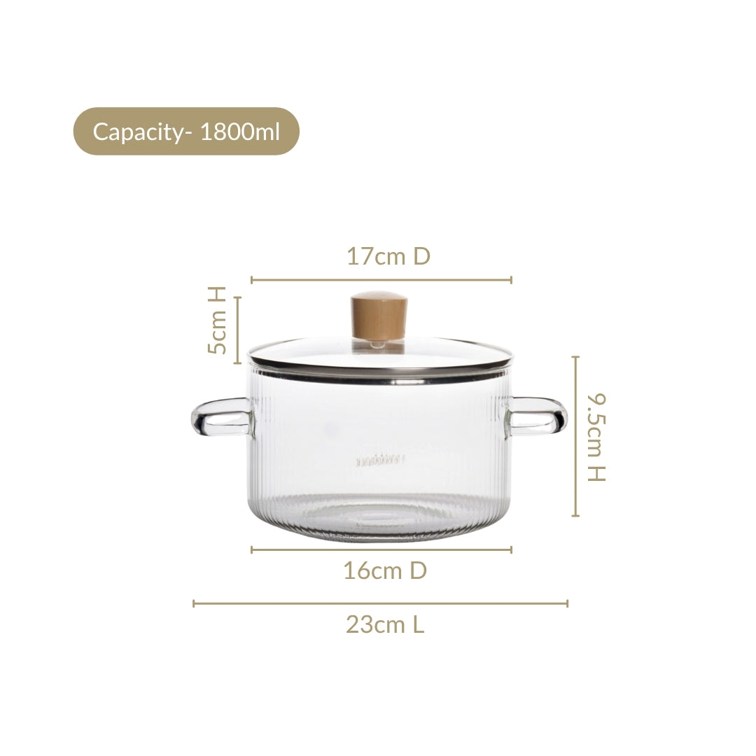 Fluted Design Glass Cooking Pot With Lid 1800ml