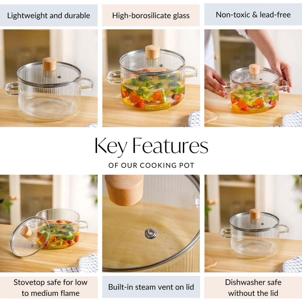 Fluted Design Glass Cooking Pot With Lid 1800ml