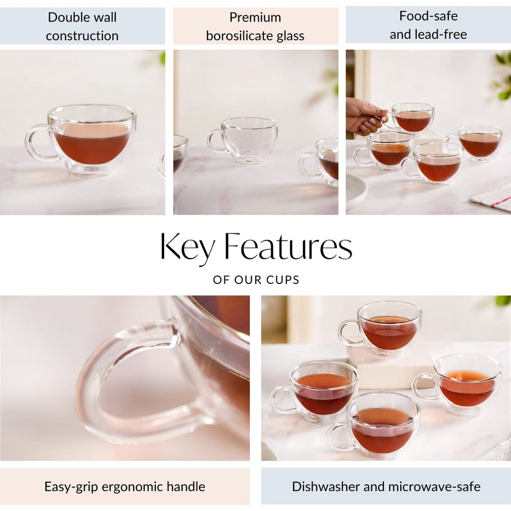 Cafe Style Glass Double Wall Tea Coffee Cup Set Of 4 190ml
