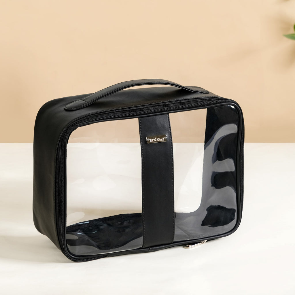 Black Vegan Leather Transparent Travel Kit Set Of 3