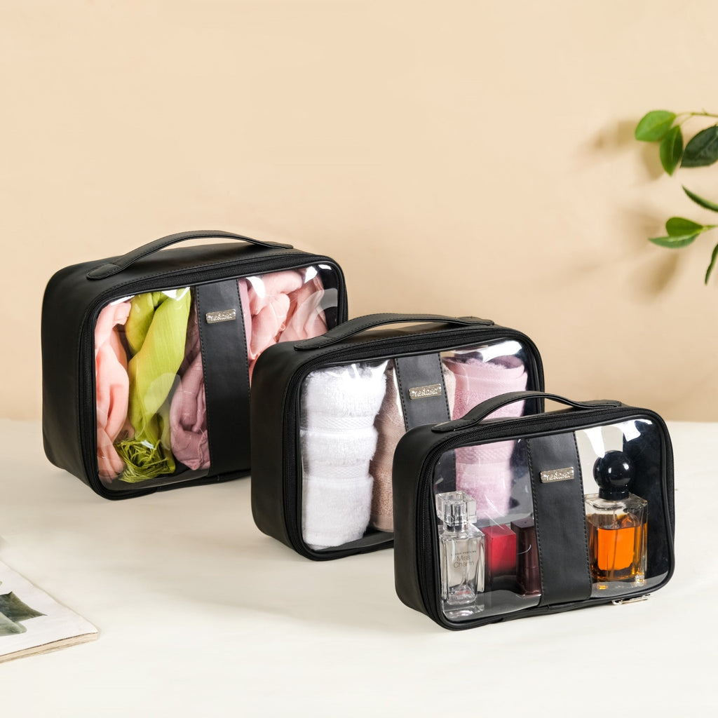 Black Vegan Leather Transparent Travel Kit Set Of 3