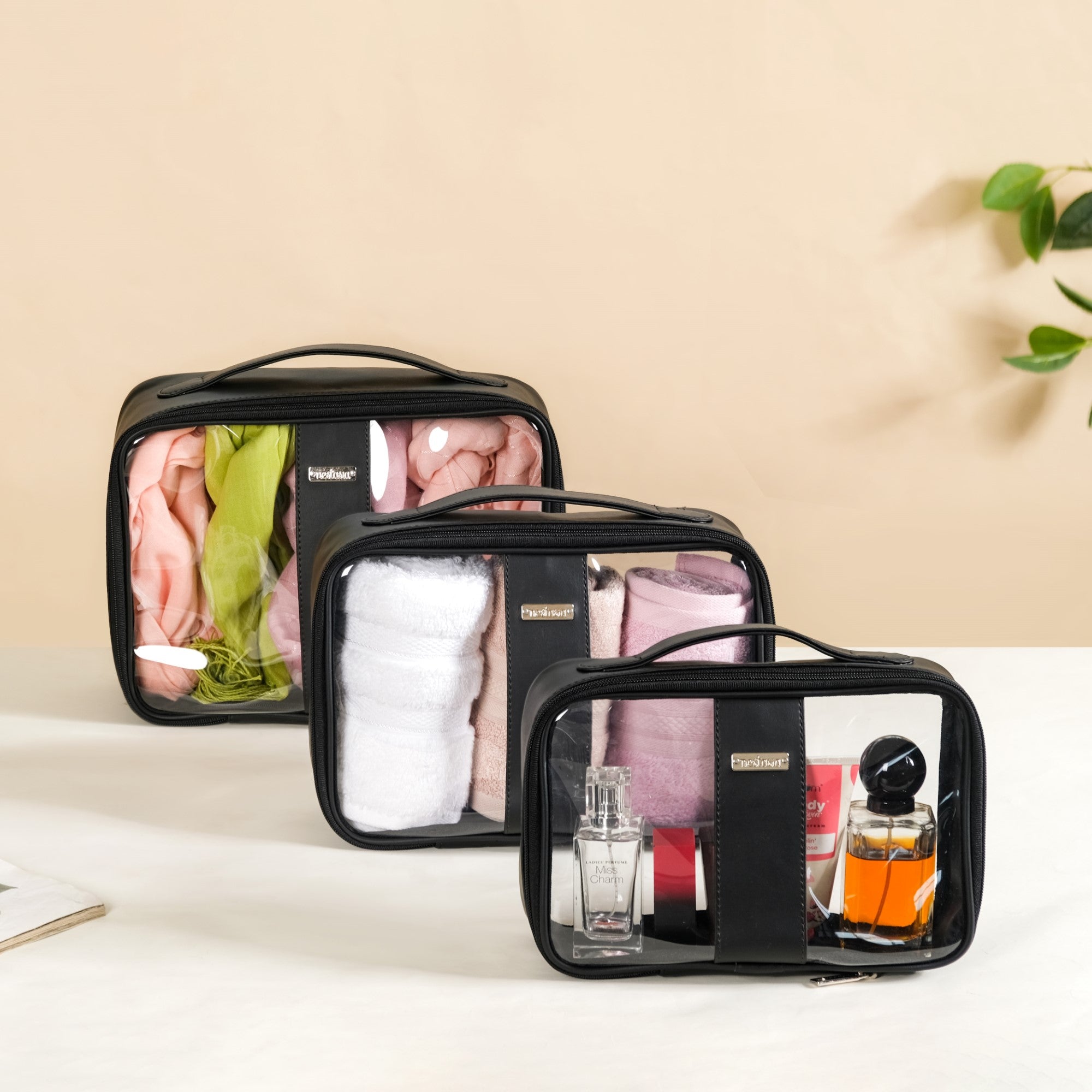 Black Vegan Leather Transparent Travel Kit Set Of 3