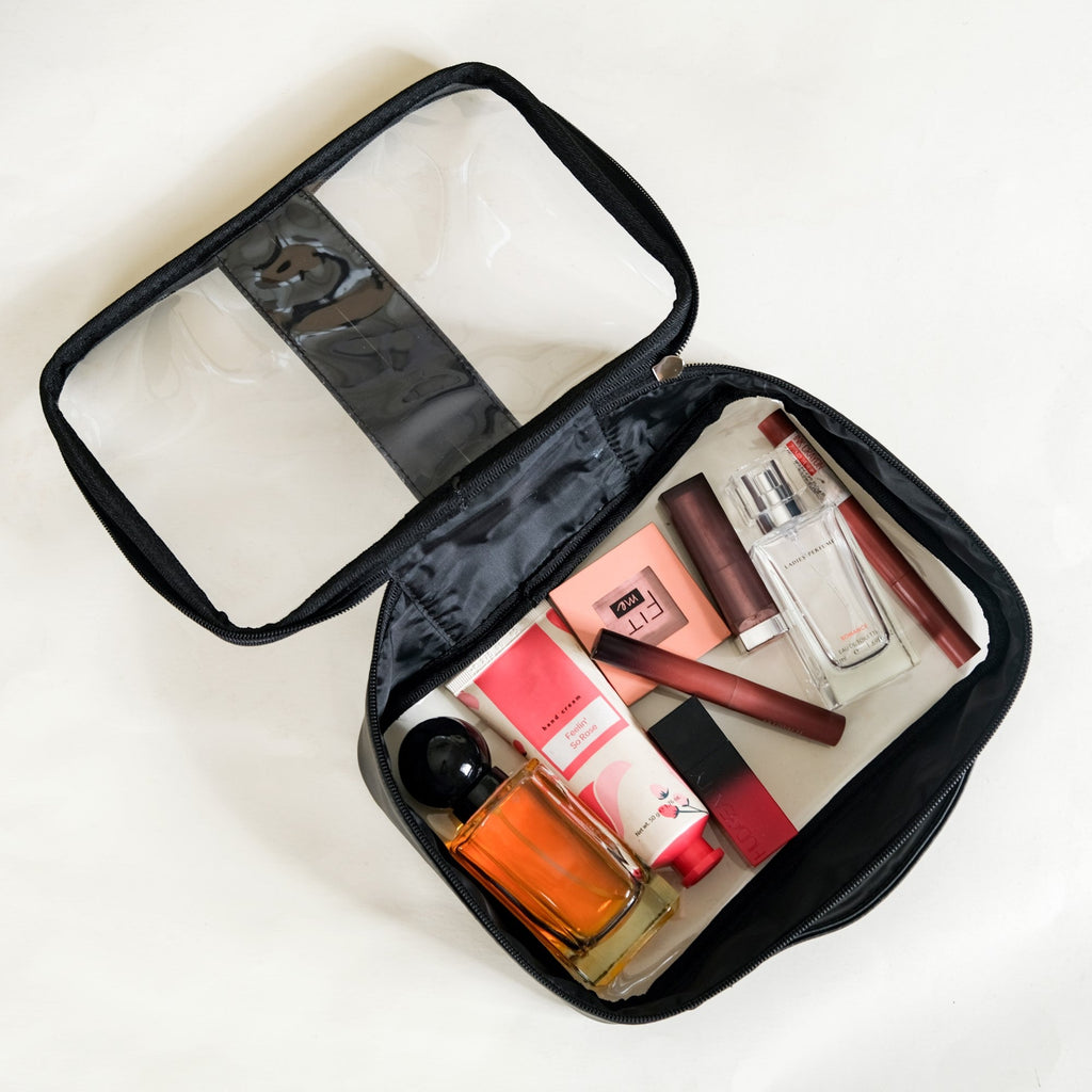 Black Vegan Leather Transparent Travel Kit Set Of 3