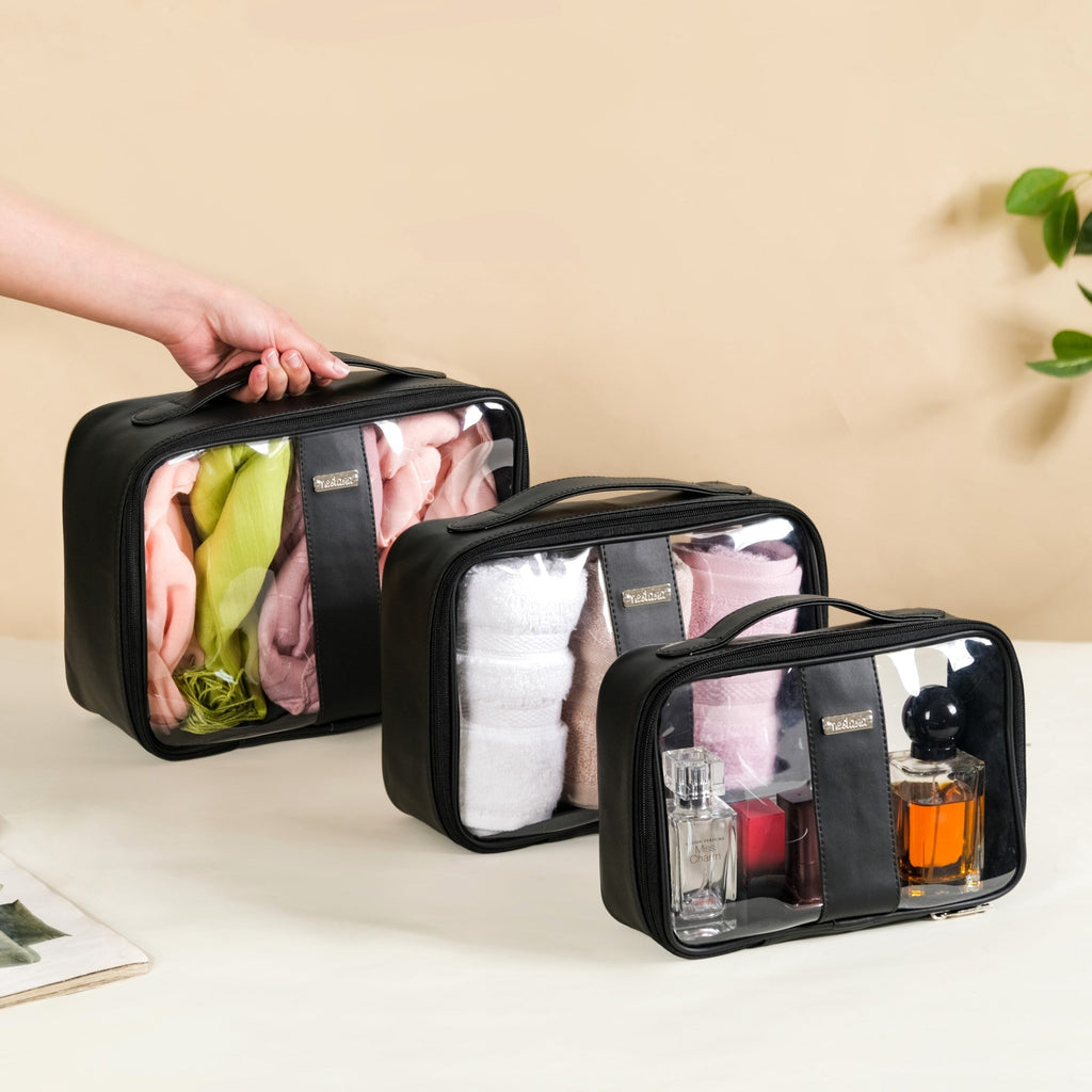 Black Vegan Leather Transparent Travel Kit Set Of 3