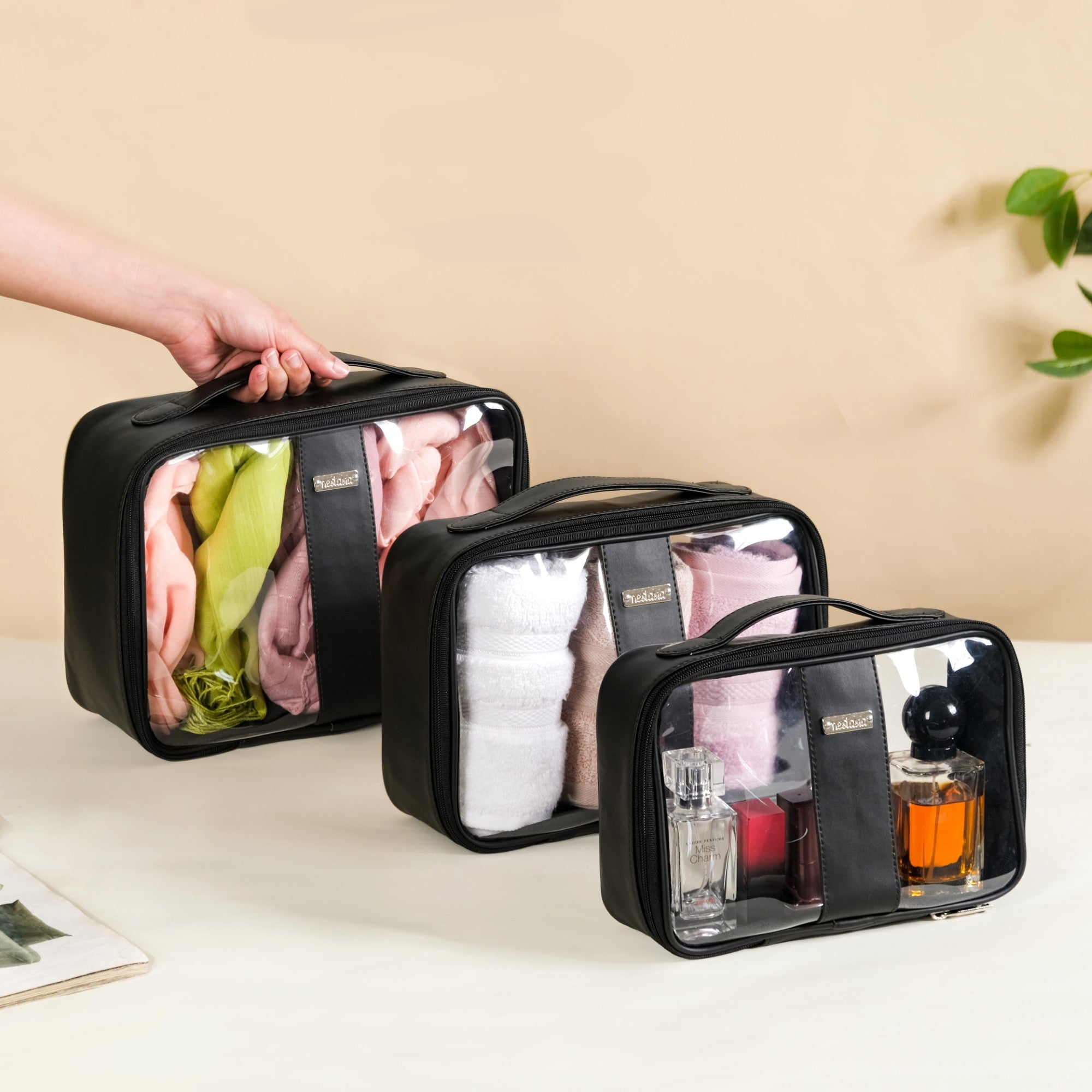 Black Vegan Leather Transparent Travel Kit Set Of 3