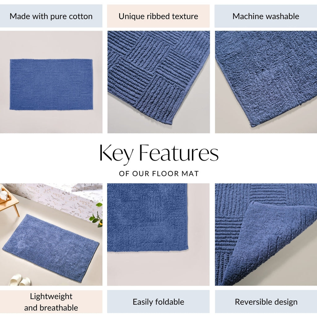 Reversible Tufted Cotton Floor Mat Navy Blue 84x50cm