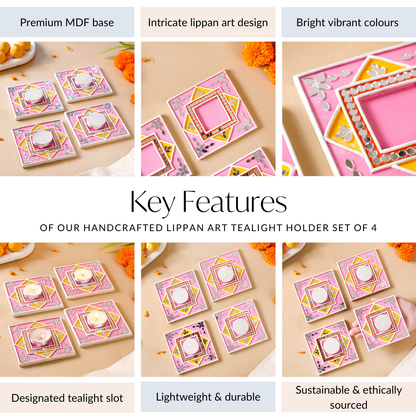 Handcrafted Mirror Work Lippan Art Tealight Candle Holder Set Of 4