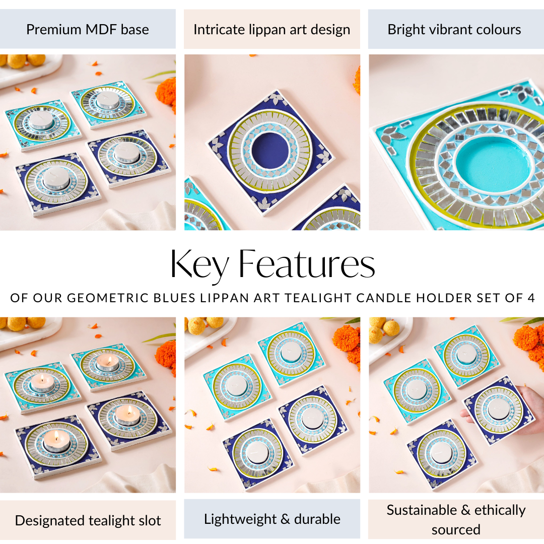 Geometric Blues Lippan Art Tealight Candle Holder Set Of 4