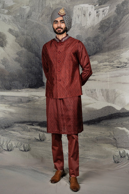 Vintage Red Monochrome Nehru Jacket Set | BARODA
