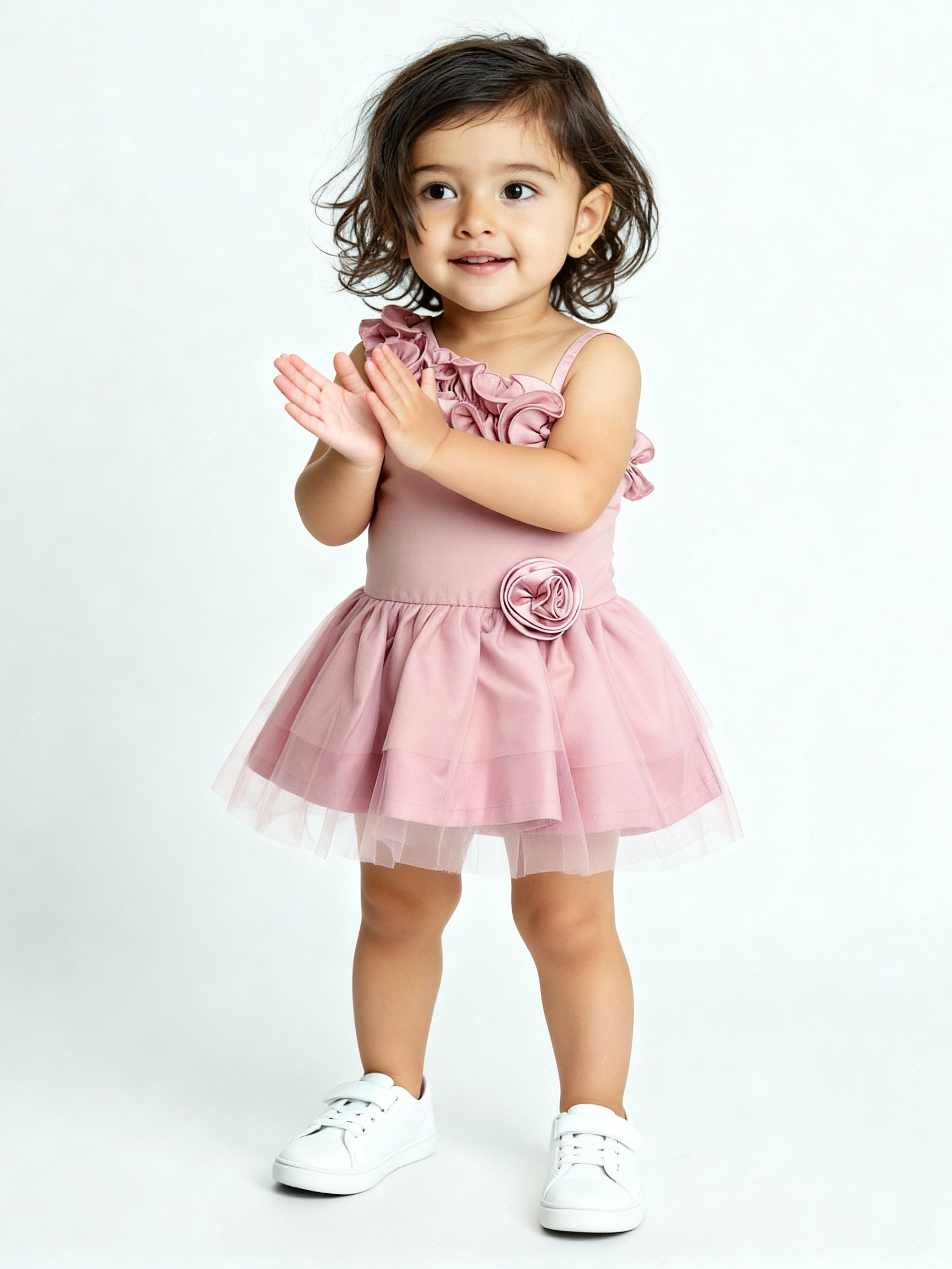 HOP Baby Pink One-Shoulder Floral Applique Dress