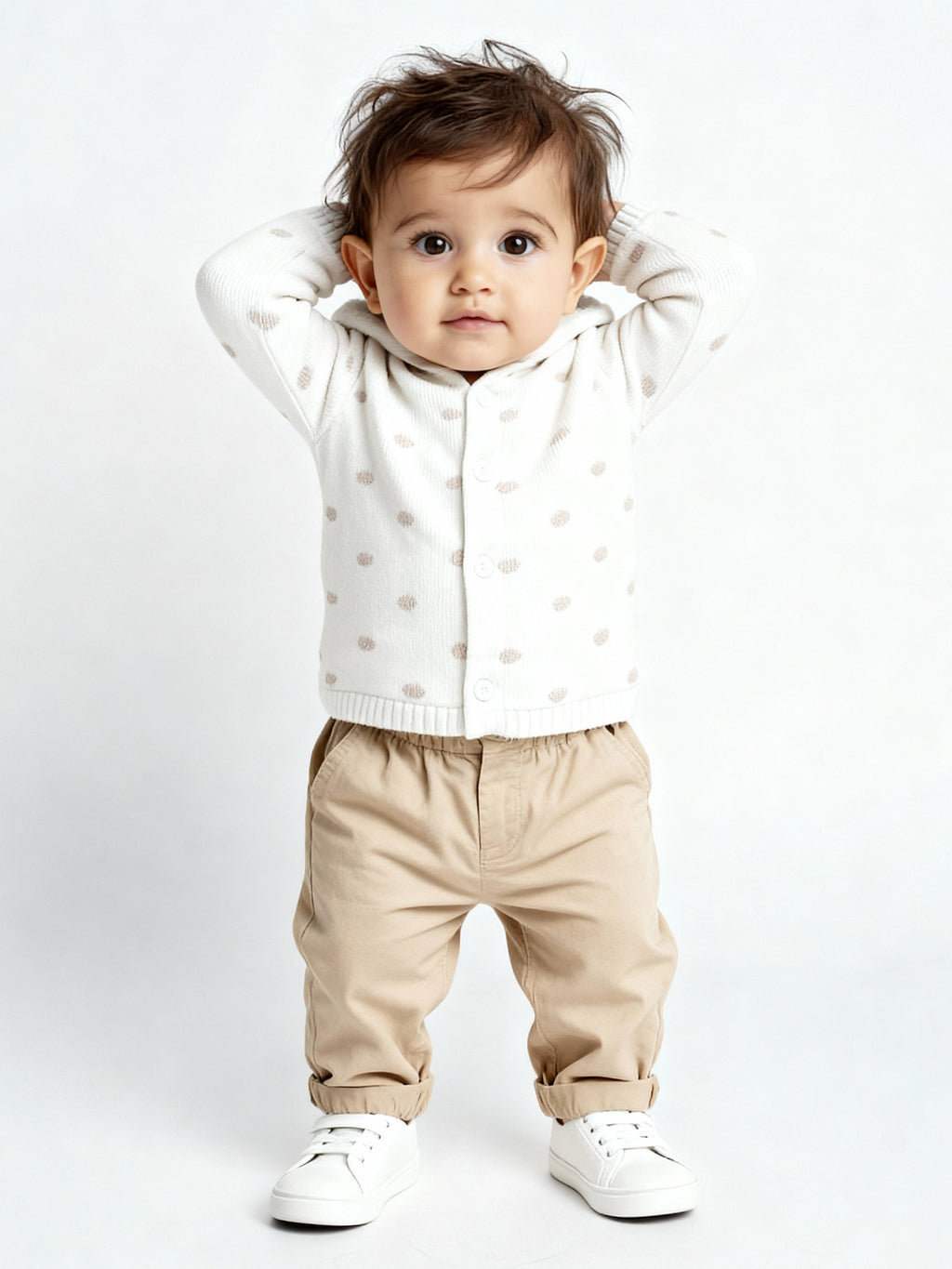 HOP Baby White Embroidered Cotton Hooded Sweater