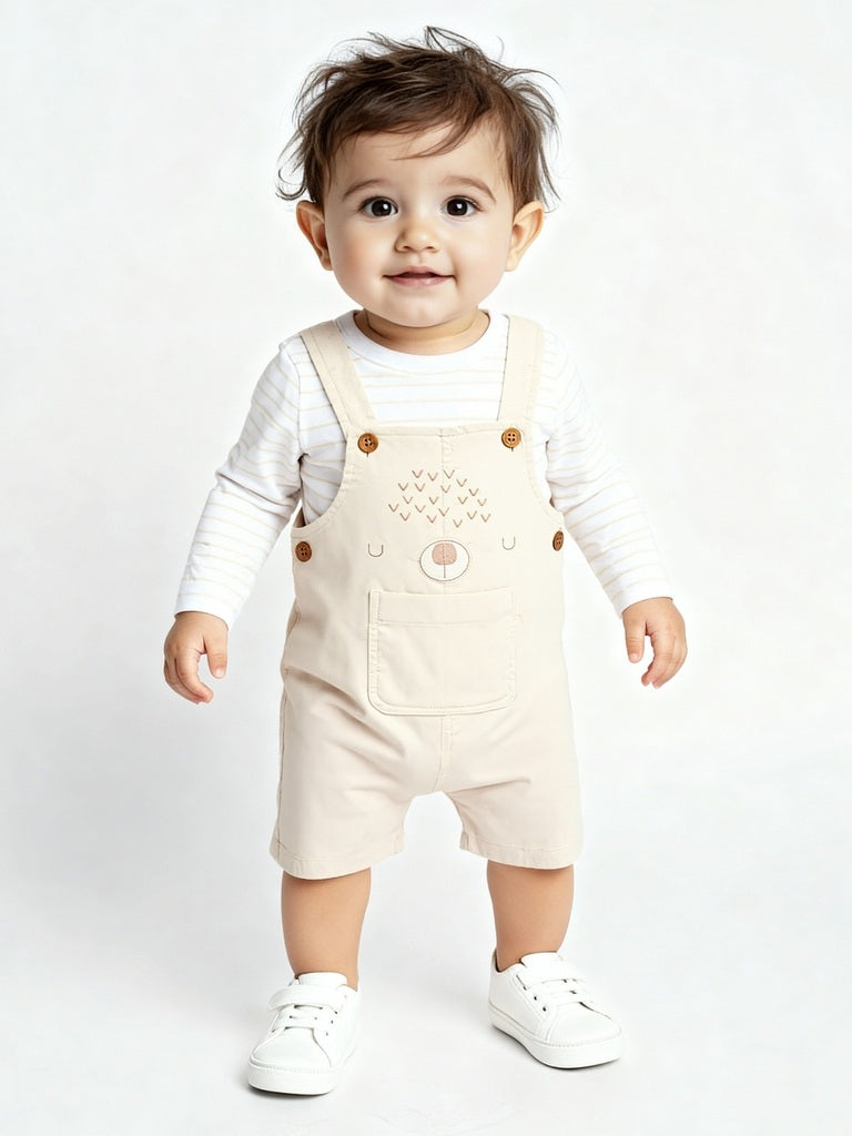 HOP Baby Beige Corduroy Cotton Dungaree with T-Shirt Set