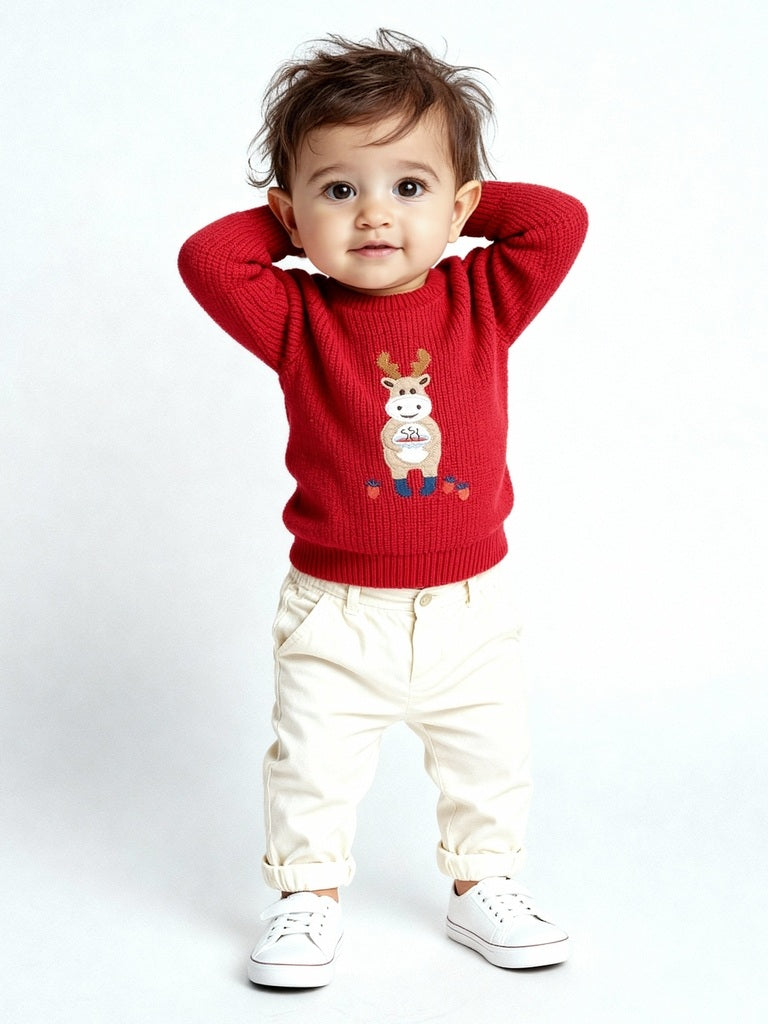 HOP Baby Red Animal Cotton Embroidered Sweater