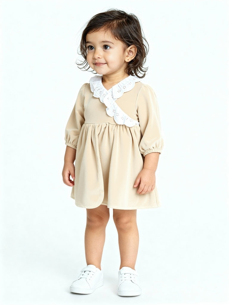 HOP Baby Beige Schiffli Detailed Cotton-Blend A-Line Dress
