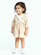 HOP Baby Beige Schiffli Detailed Cotton-Blend A-Line Dress