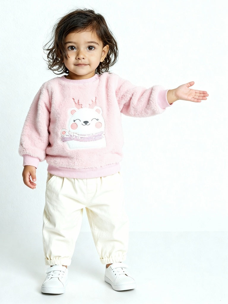 HOP Baby Pink Animal Embroidered Fur Sweater