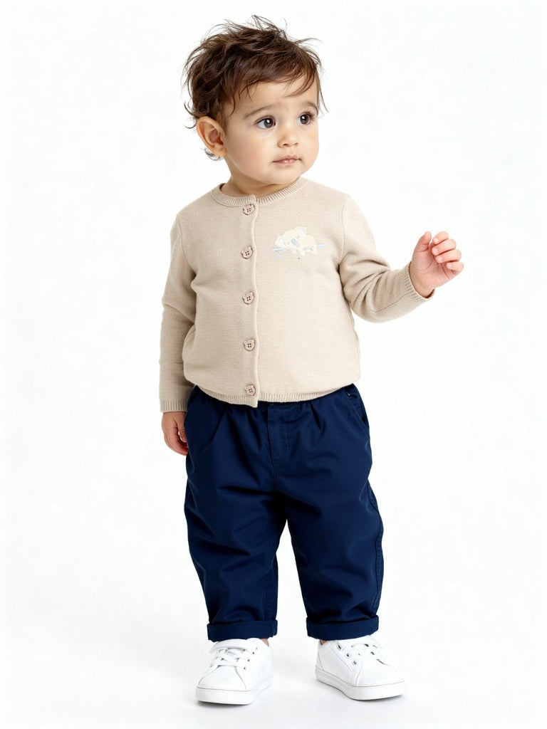 HOP Baby Taupe Animal Embroidered Cotton Sweater