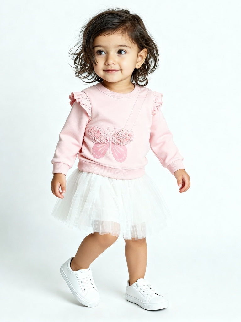HOP Baby Pink Butterfly Design Cotton Sweatshirt and Skirt Set