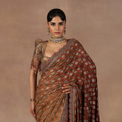 Walnut - Red Ombre Saree Set | EAST
