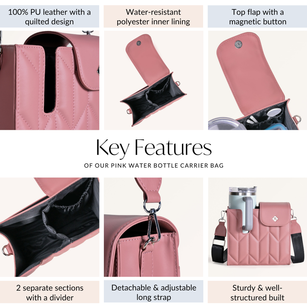 Pink Water Bottle Carrier Bag With Adjustable Strap