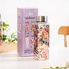 Orange Poppy Printed Leakproof Glass Water Bottle With Stainless Steel Lid 500ml