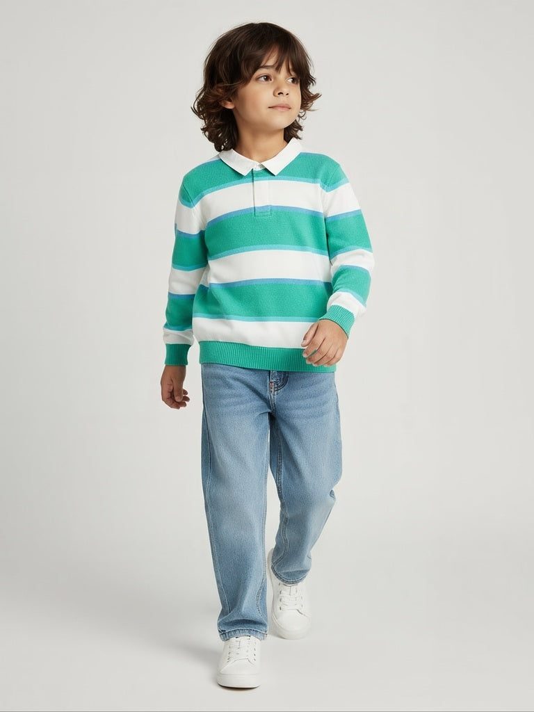 HOP Kids Teal Striped Pattern Cotton Polo Sweater