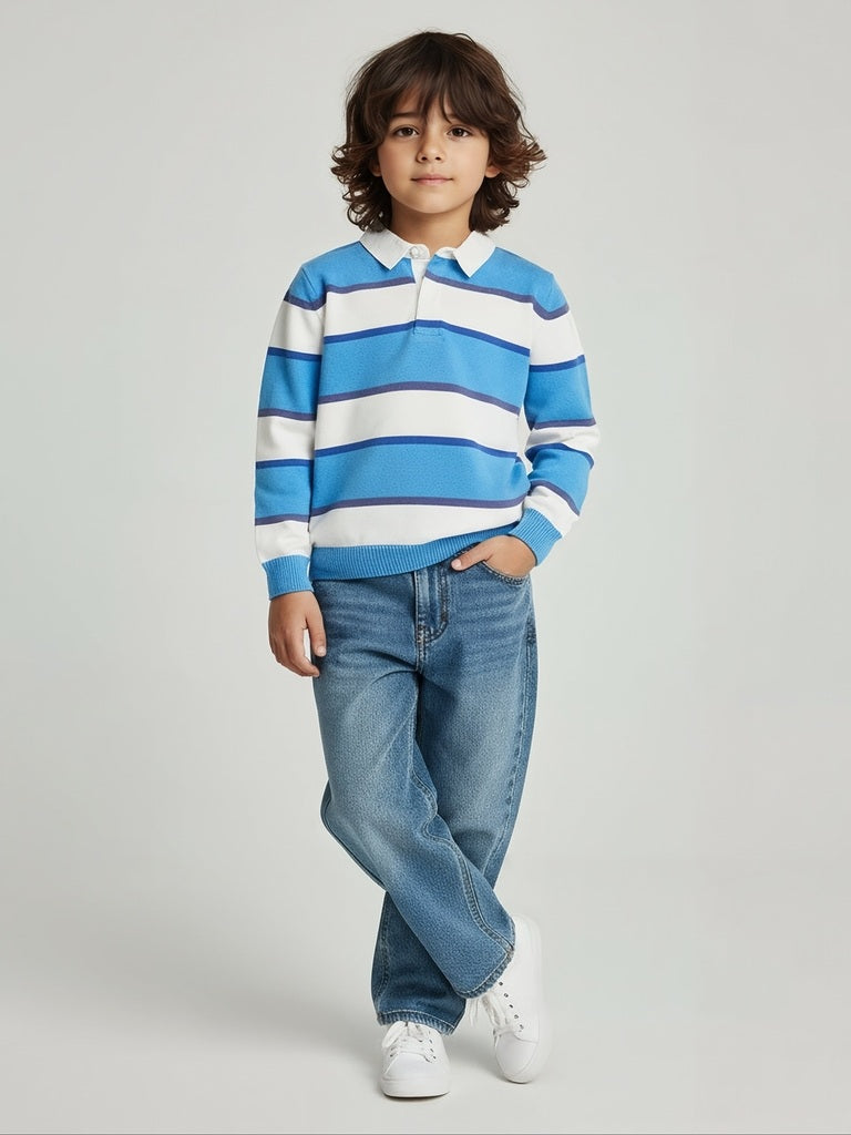HOP Kids Blue Striped Cotton Polo Sweater