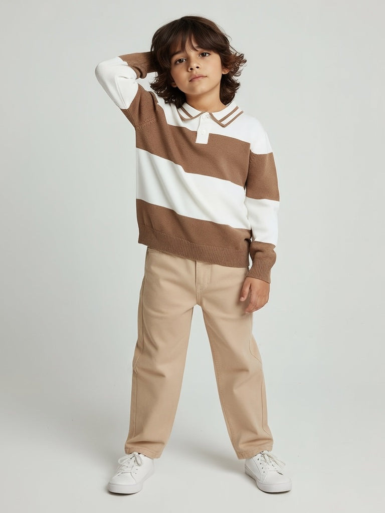 HOP Kids Brown Colour-Blocked Cotton Polo Sweater