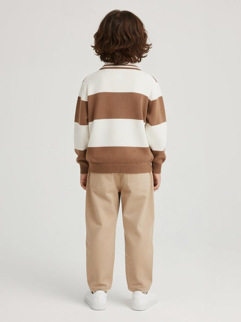 HOP Kids Brown Colour-Blocked Cotton Polo Sweater