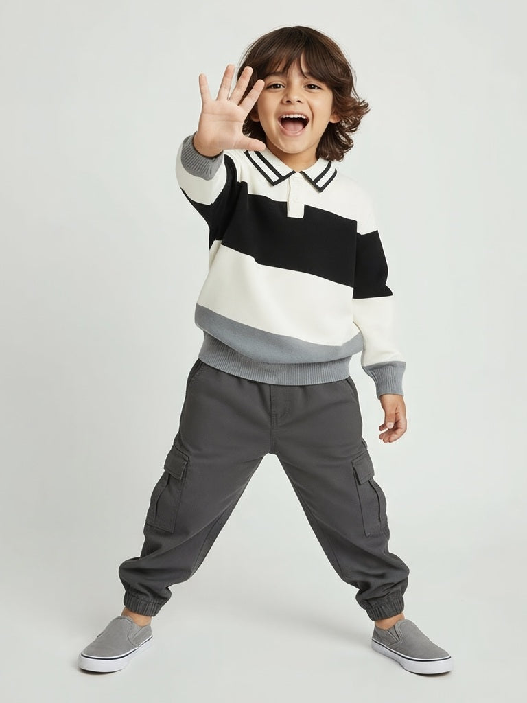 HOP Kids Black Colour-Blocked Cotton Polo Sweater