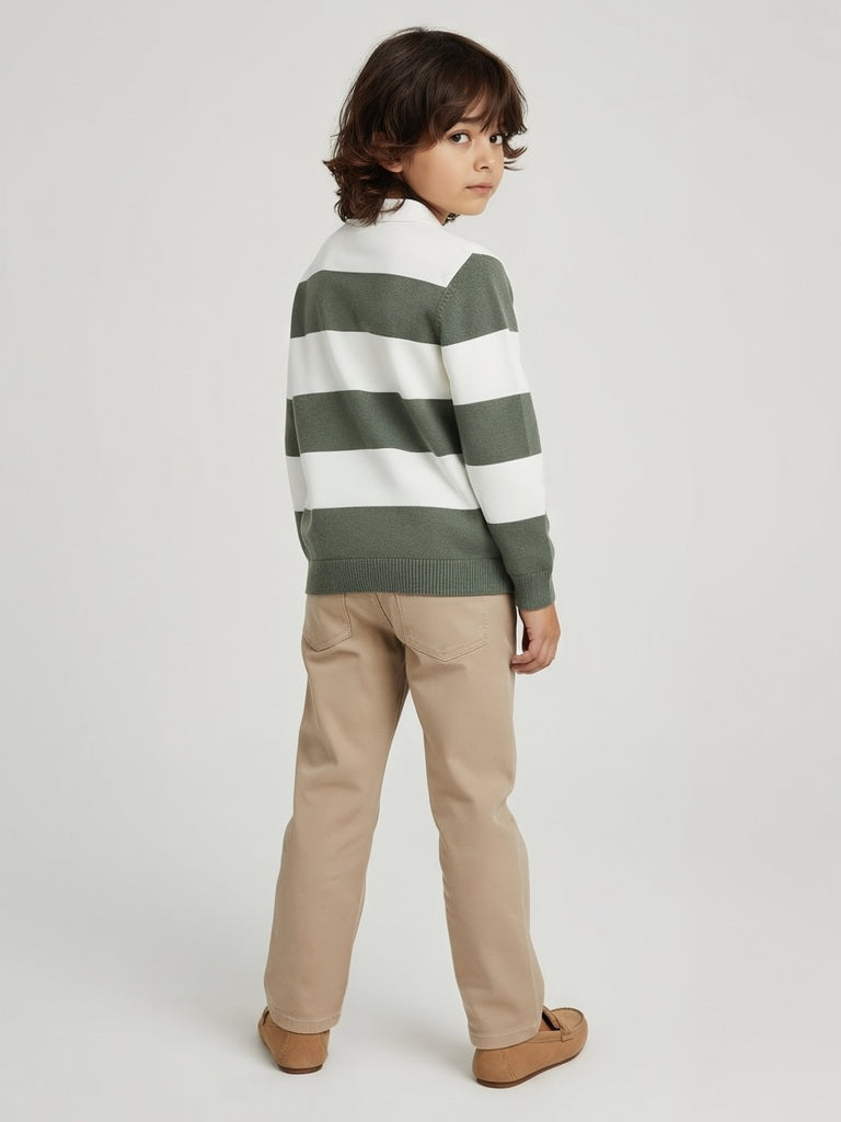 HOP Kids Olive Striped Cotton Polo Sweater