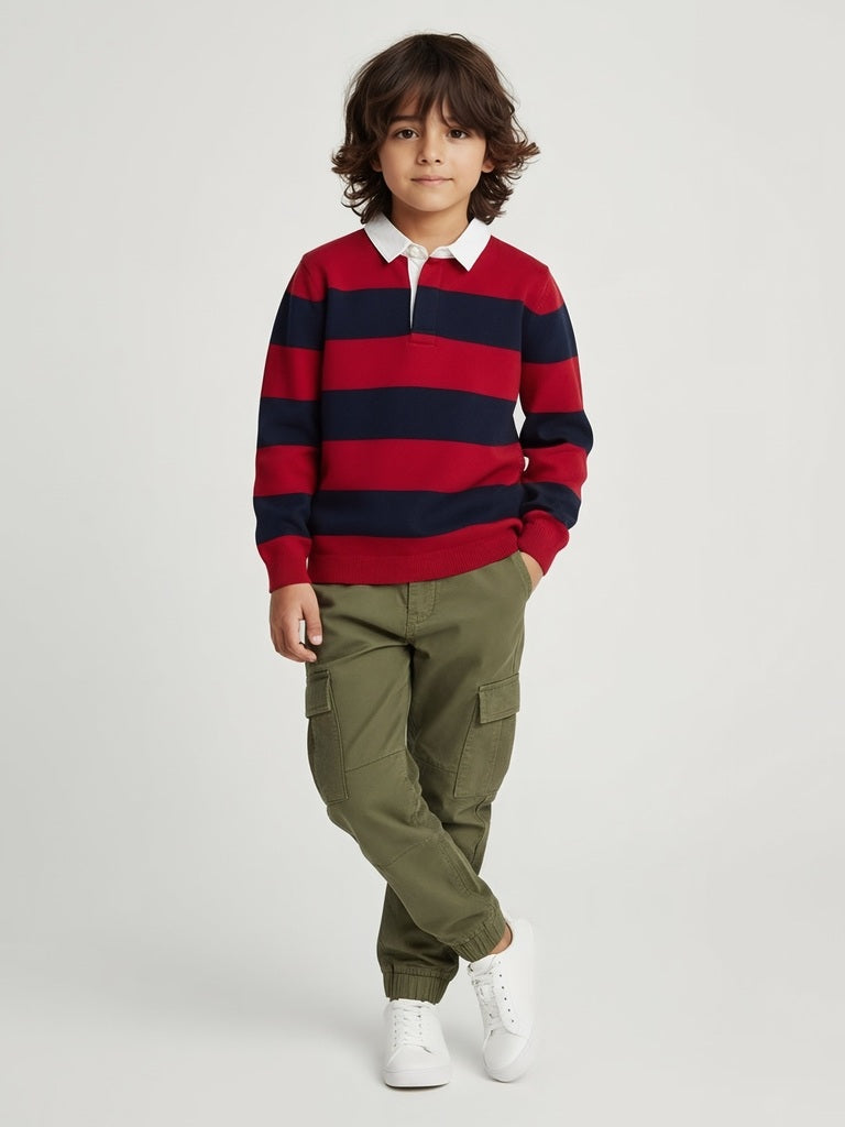 HOP Kids Red Striped Cotton Polo Sweater