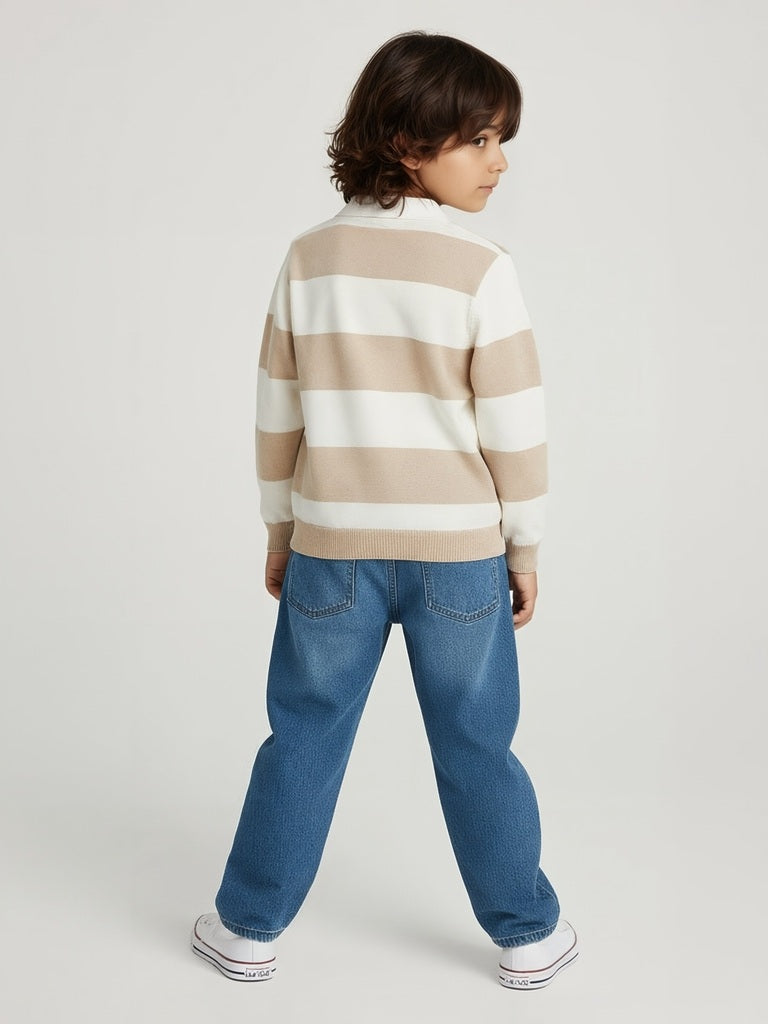 HOP Kids Beige Striped Cotton Polo Sweater