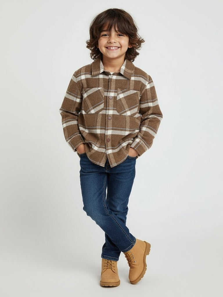 HOP Kids Brown Checked Design Cotton Shacket