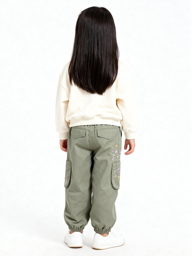 HOP Kids Sage Floral Embroidered Mid-Rise Cotton Joggers