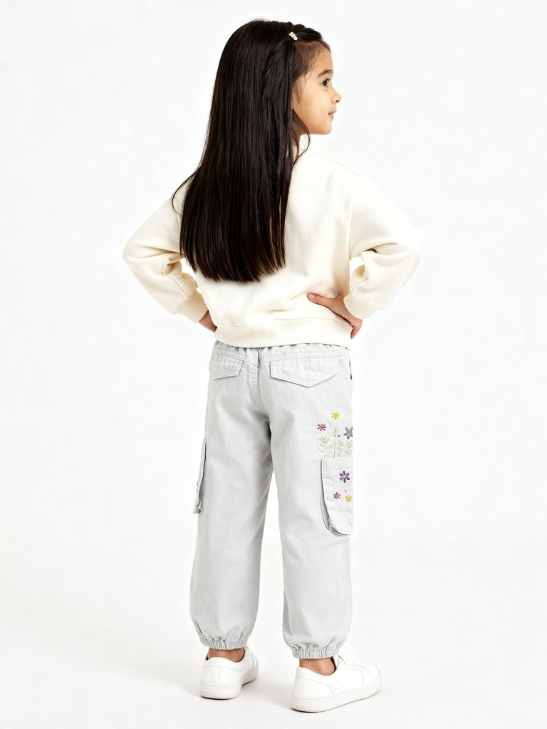 HOP Kids Off-White Embroidered Mid-Rise Cotton Joggers